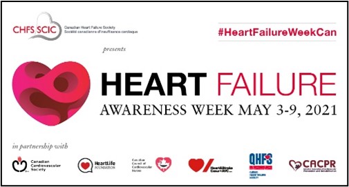 Image of Heart Failure Awarenses Week May 3-9 2021, including hashtags and corporate logos.